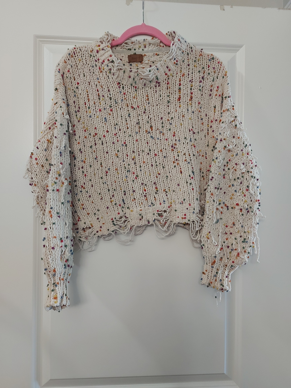 Cozy Distressed Rainbow Speckle Cropped Knit Sweater